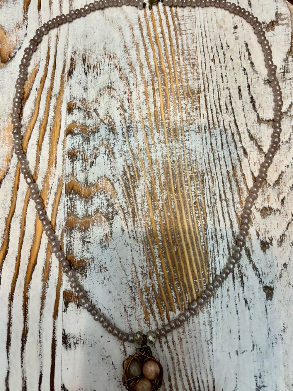 Delicate Taupe Beaded Necklace with Stone Pendant
